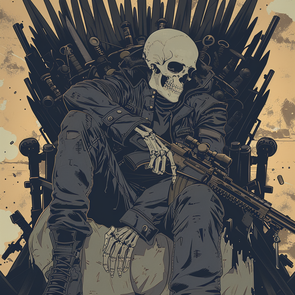 A picture of a really cool animated skelengton holding a gun stiing on a throne made of swords